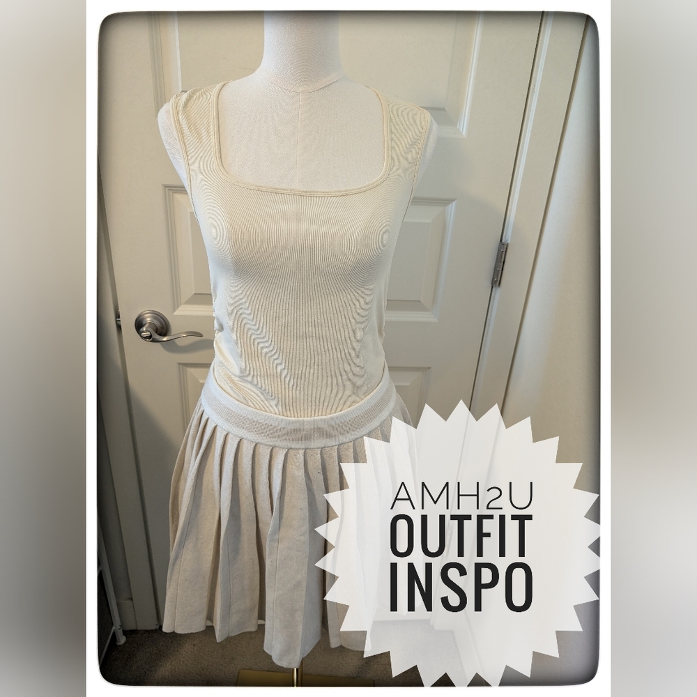 AERIE Pleated Mini Skirt Sweater Material Beige with White Striped Waist XXL NWT - Picture 15 of 16